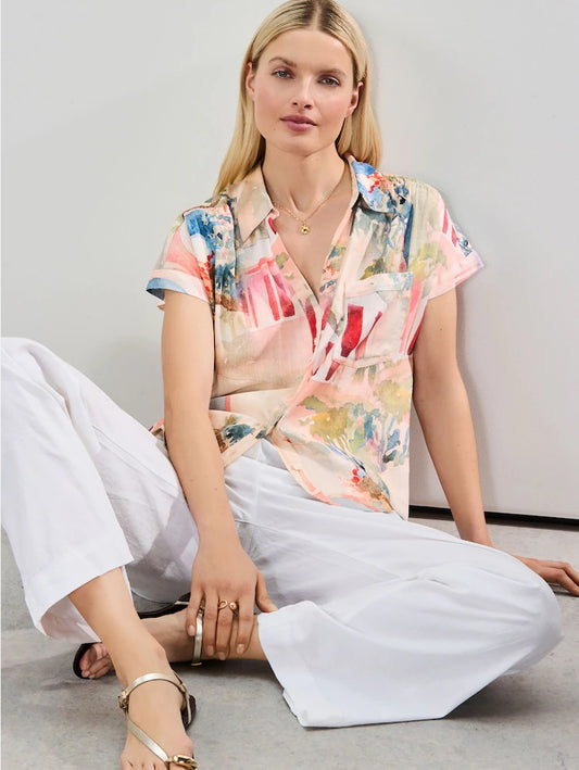 Pink Scenic Print Short Sleeve Shirt with Linen