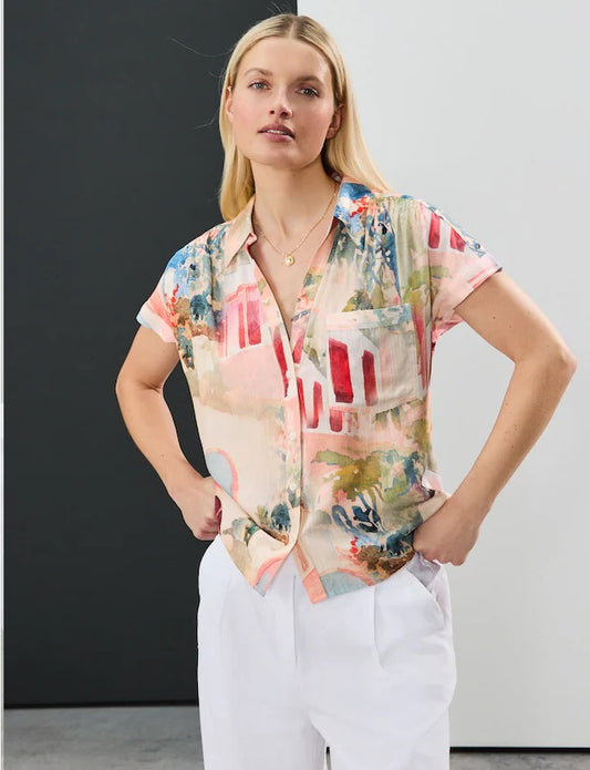 Pink Scenic Print Short Sleeve Shirt with Linen