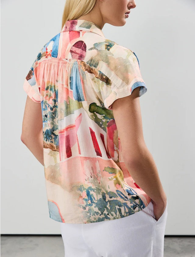 Pink Scenic Print Short Sleeve Shirt with Linen