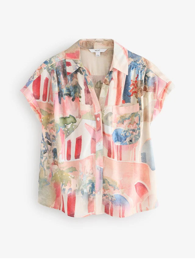Pink Scenic Print Short Sleeve Shirt with Linen